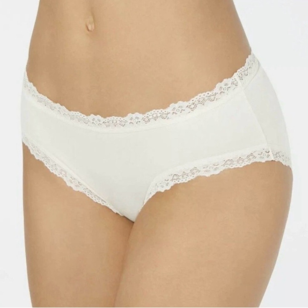 Jenni Lace-Trim Bikini Panty set of 3 white/chai dots women’s 1X cotton spandex